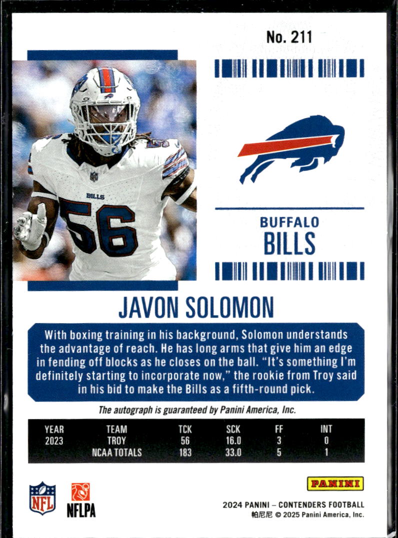 Javon Solomon 2024 Contenders Auto Autograph RC 18/75 Buffalo Bills