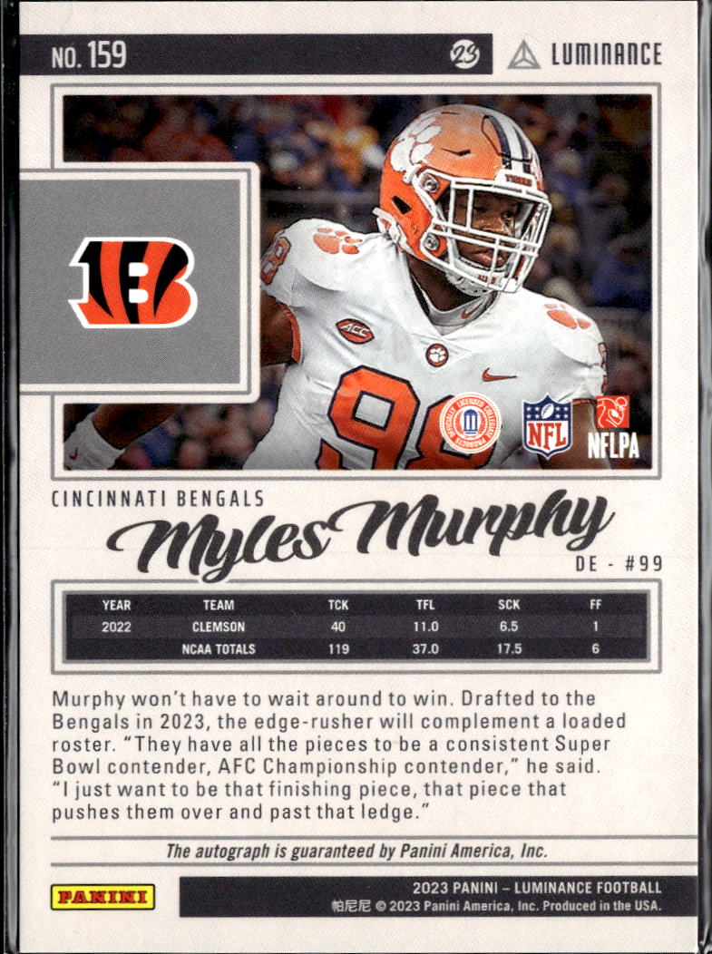 Myles Murphy 2023 Luminance Auto Autograph RC /350 Clemson Cincinnati Bengals