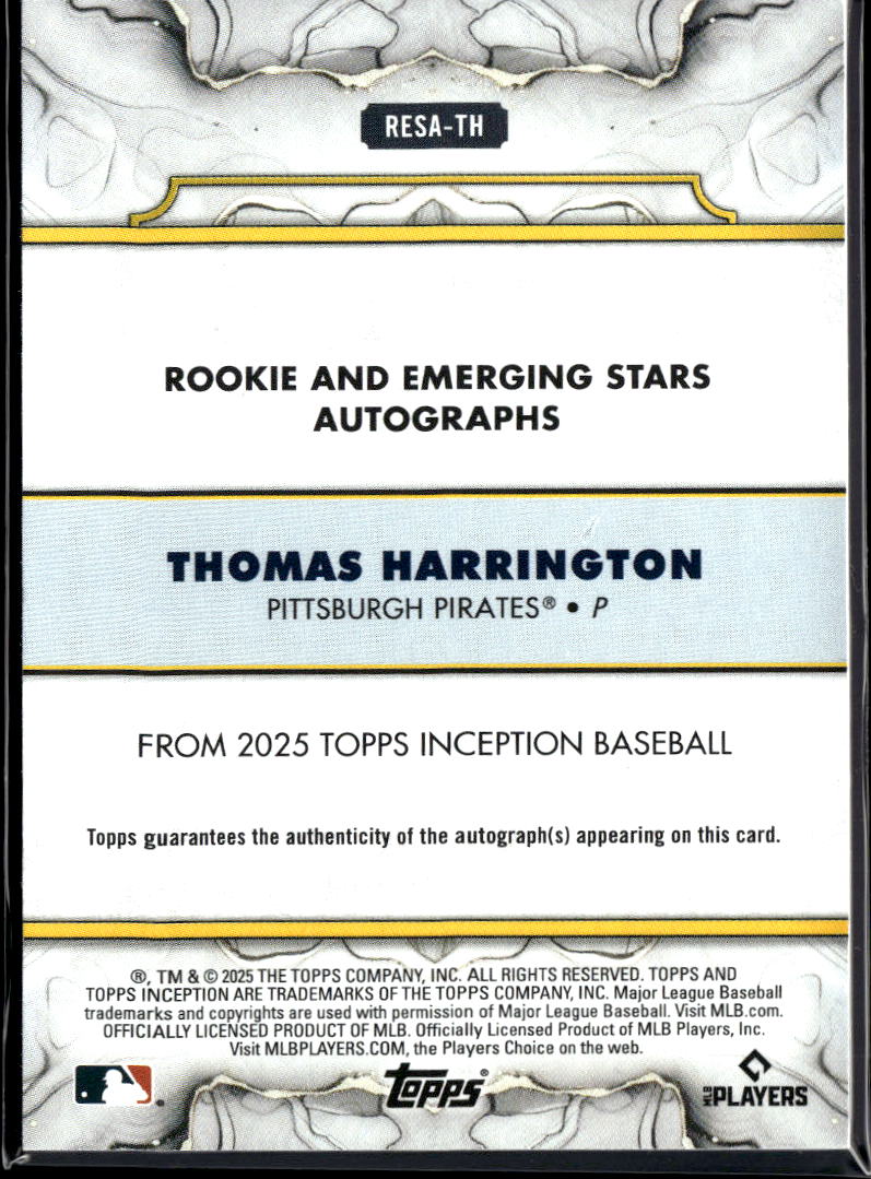 Thomas Harrington 2025 Topps Inception Auto Autograph RC /299 Pittsburgh Pirates