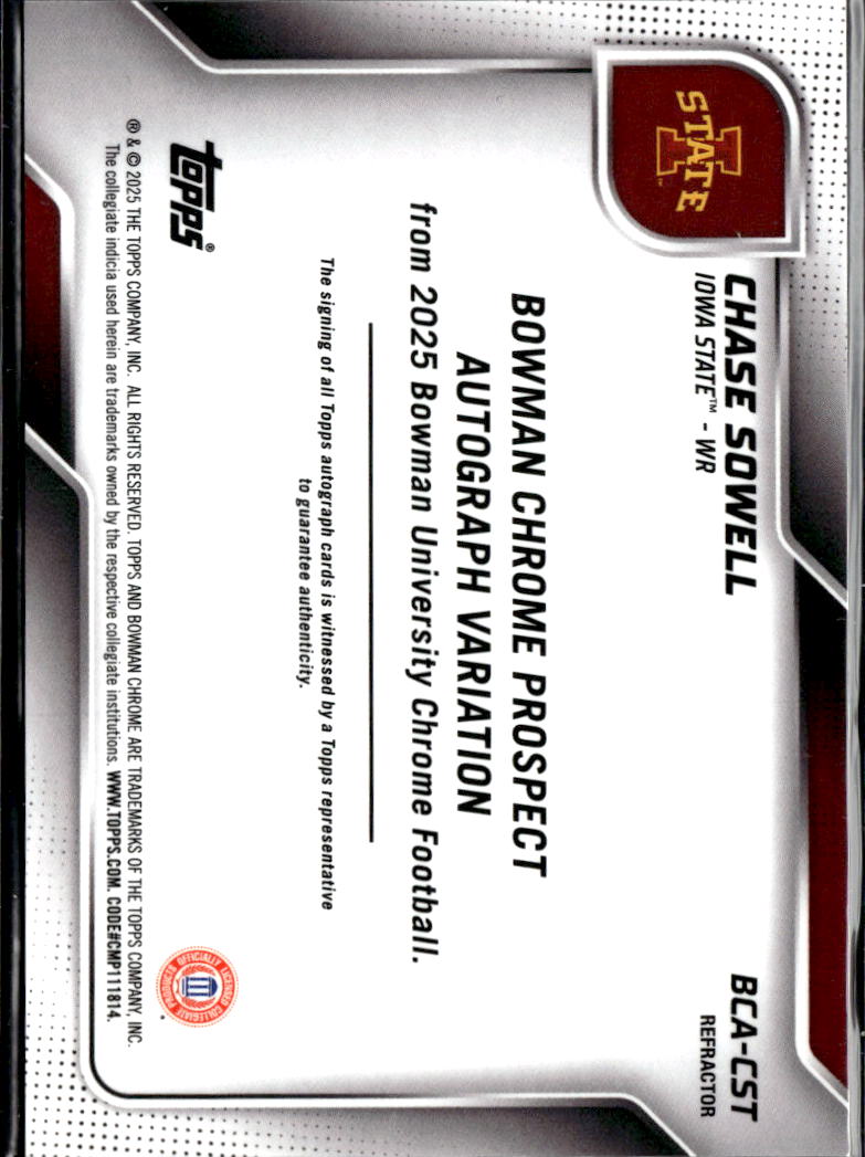 Chase Sowell 2025 Bowman Chrome 1st Auto Autograph /299 Iowa State Cyclones