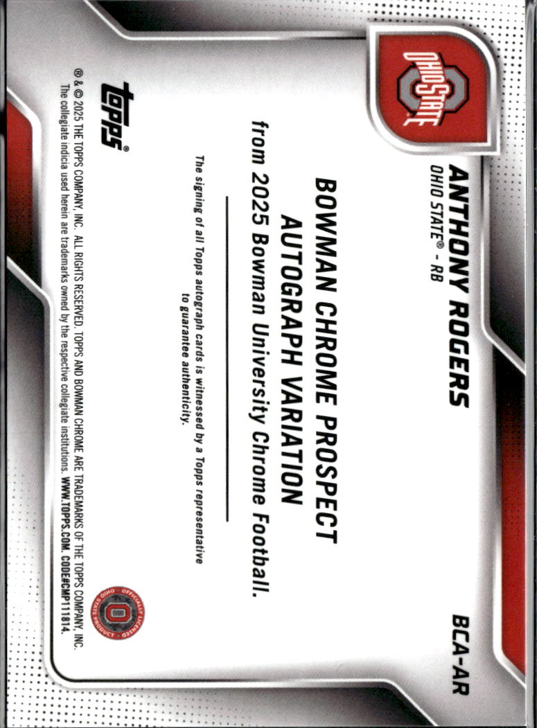Anthony Rogers 2025 Bowman Chrome 1st Auto Autograph /150 Ohio State Buckeyes