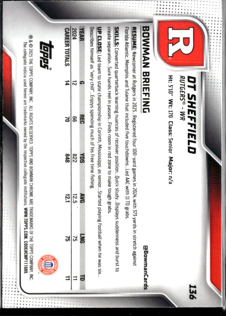 DT Sheffield 2025 Bowman Chrome 1st Lime Green /275 Rutgers Scarlet Knights