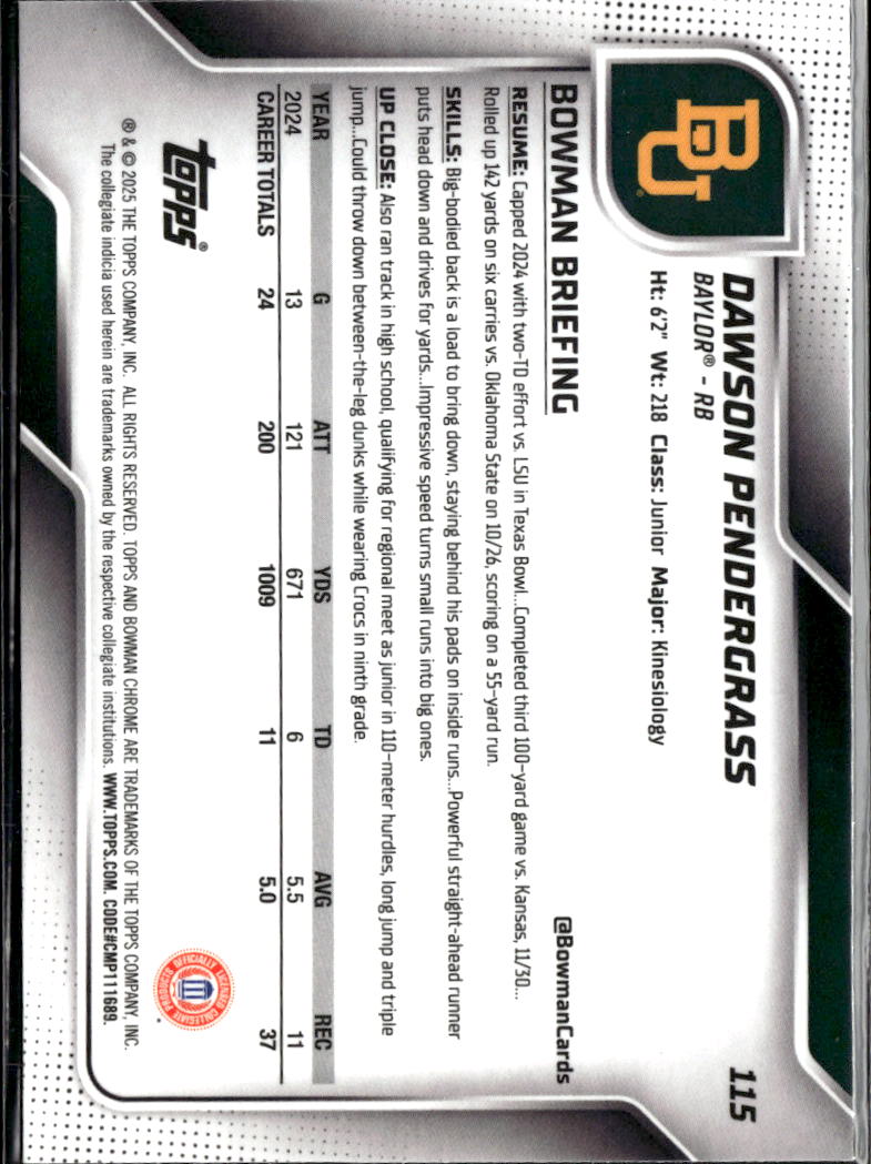 Dawson Pendergrass 2025 Bowman Chrome 1st Aqua RC 186/325 Baylor Bears