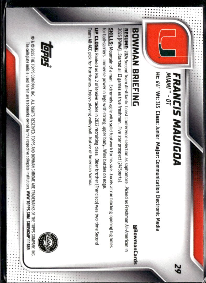 Francis Mauigoa 2025 Bowman Chrome 1st Yellow Refractor /350 Miami Hurricanes