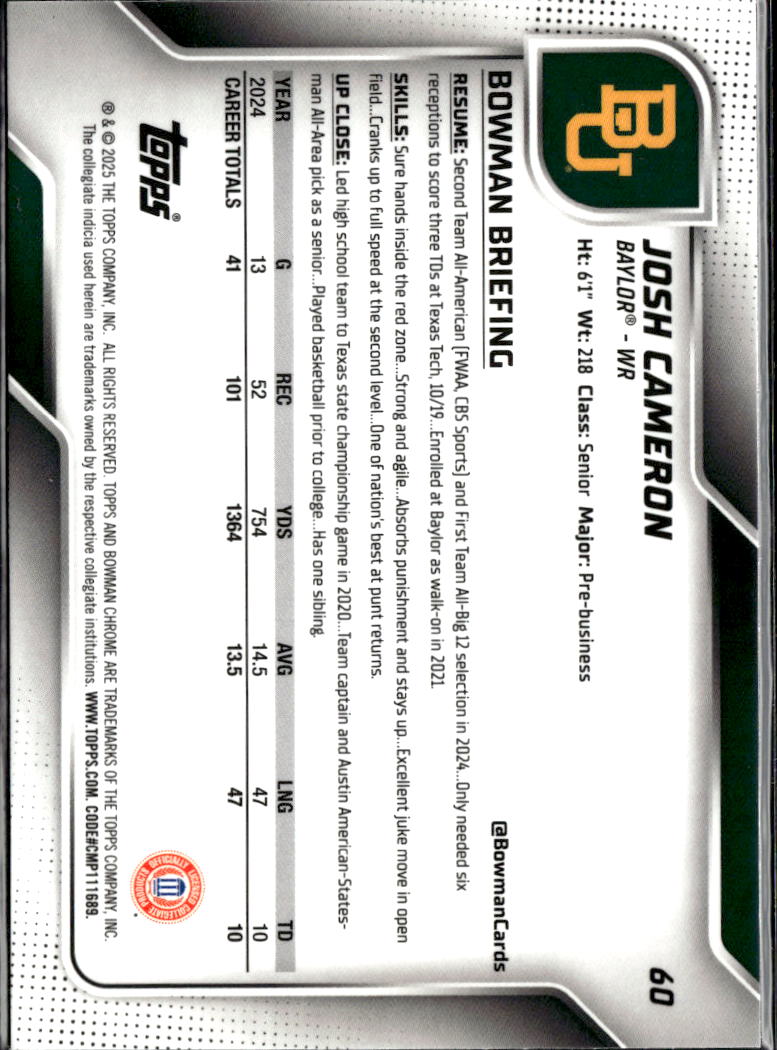 Josh Cameron 2025 Bowman Chrome 1st Purple /225 Baylor Bears