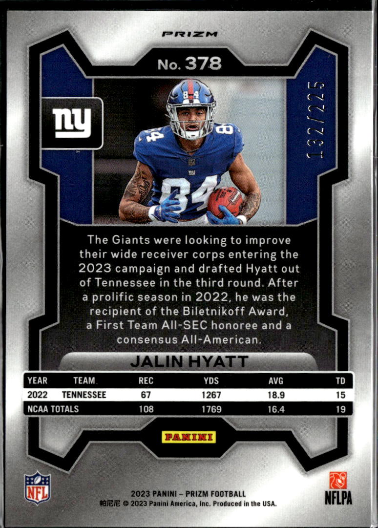 Jalin Hyatt 2023 Prizm Purple Ice Rookie RC /225 New York Giants
