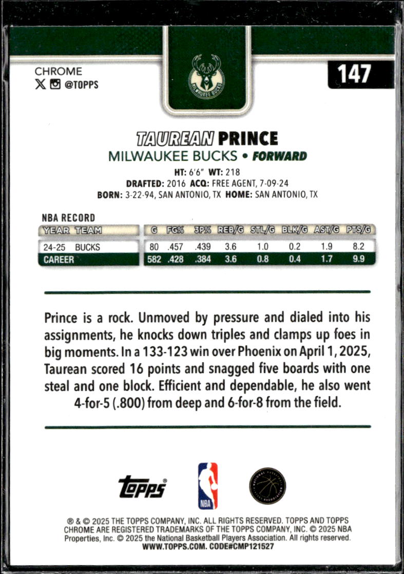 Taurean Prince 2025 Topps Chrome Aqua Refractor /299 Milwaukee Bucks
