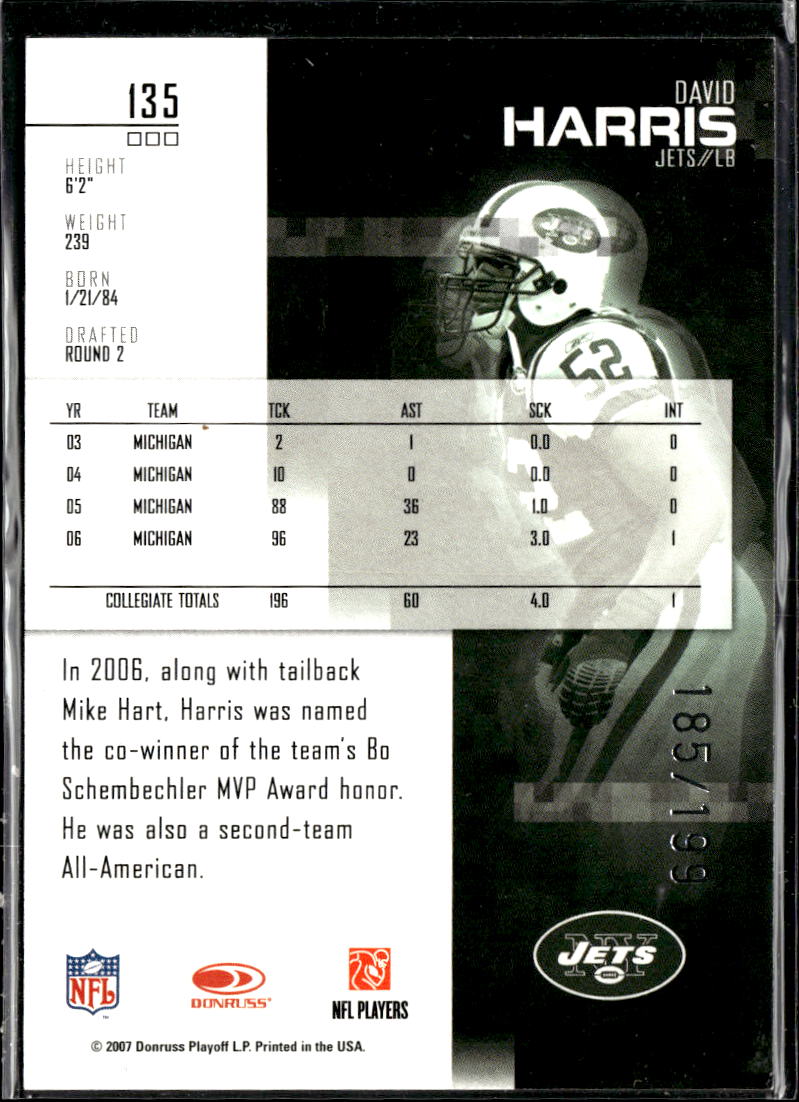 David Harris 2007 Leaf Rookies & Stars Red Longevity RC 185/199 New York Jets