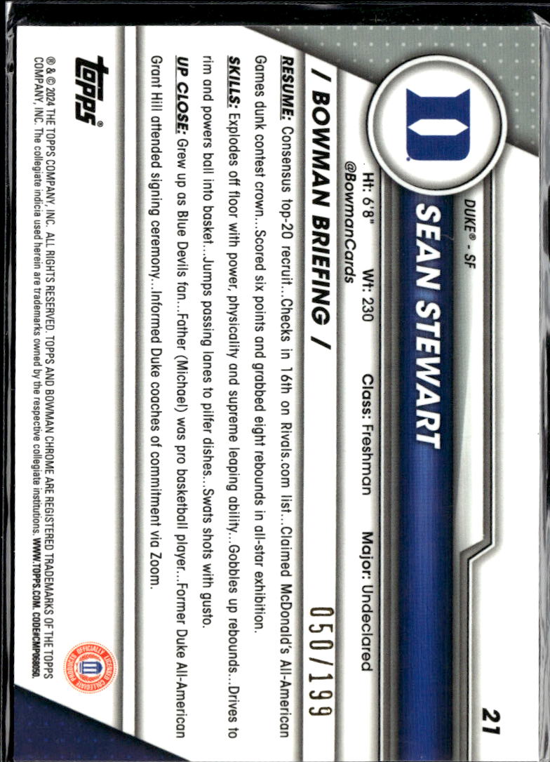 Sean Stewart 2024 Bowman Chrome 1st  Blue Refractor /199 Duke Blue Devils