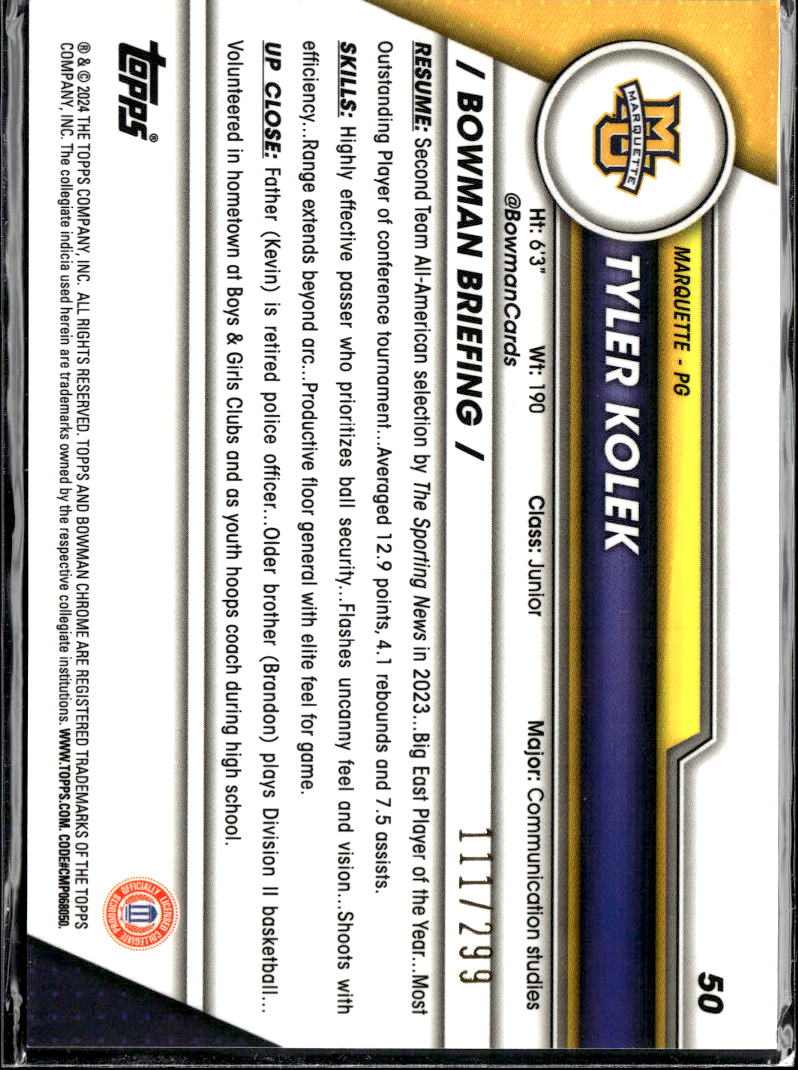 Tyler Kolek 2024 Bowman Chrome 1st Aqua /299 Marquette Golden Eagles