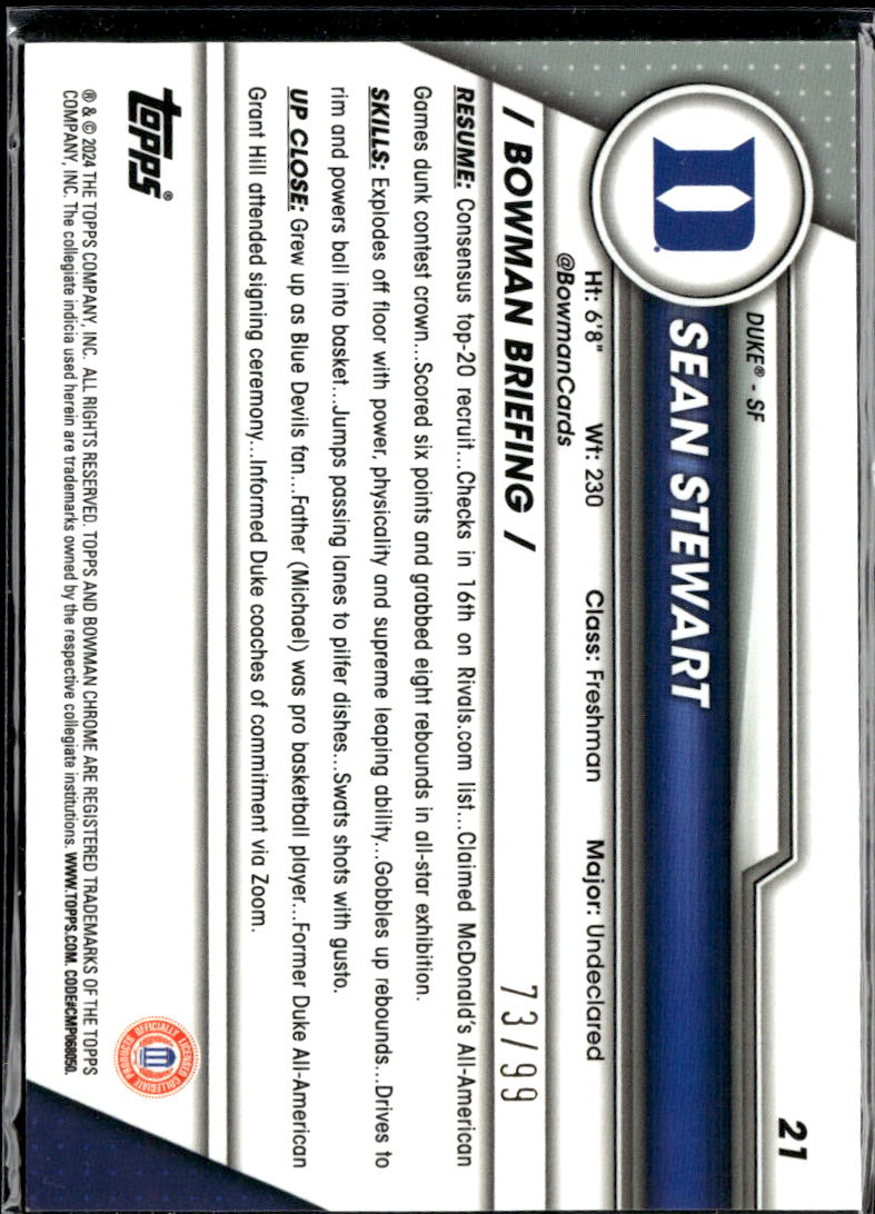 Sean Stewart 2024 Bowman Chrome Green Shimmer 73/99 Duke Blue Devils