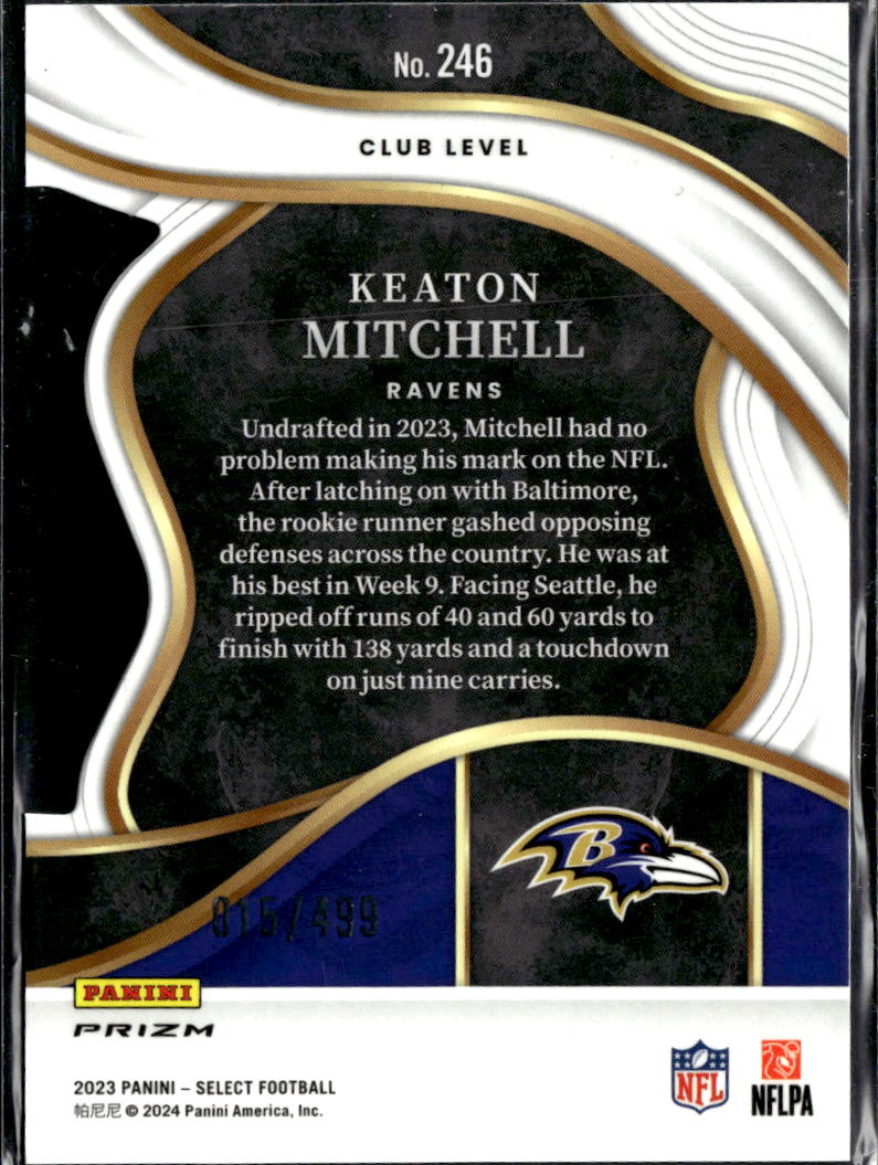 Keaton Mitchell 2023 Select Club Level Lime Green RC /499 Baltimore Ravens