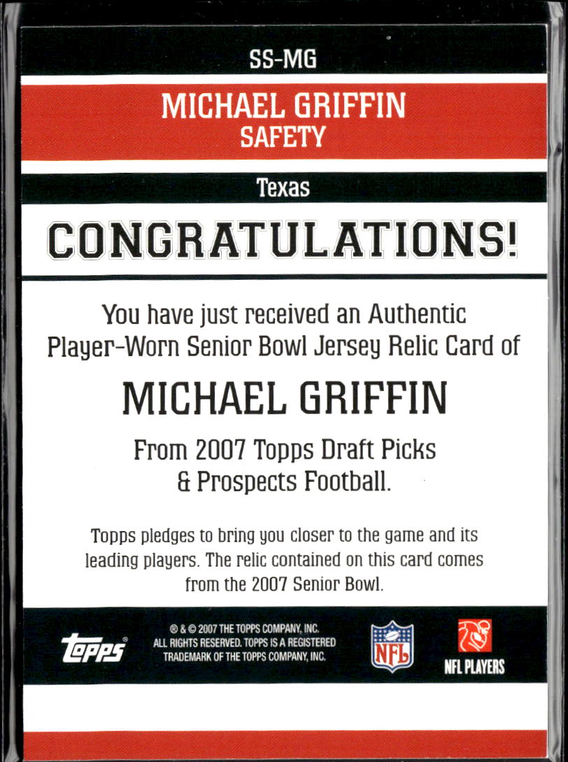Michael Griffin 2007 Topps Draft Game Worn Senior Bowl Patch Texas Longhorns