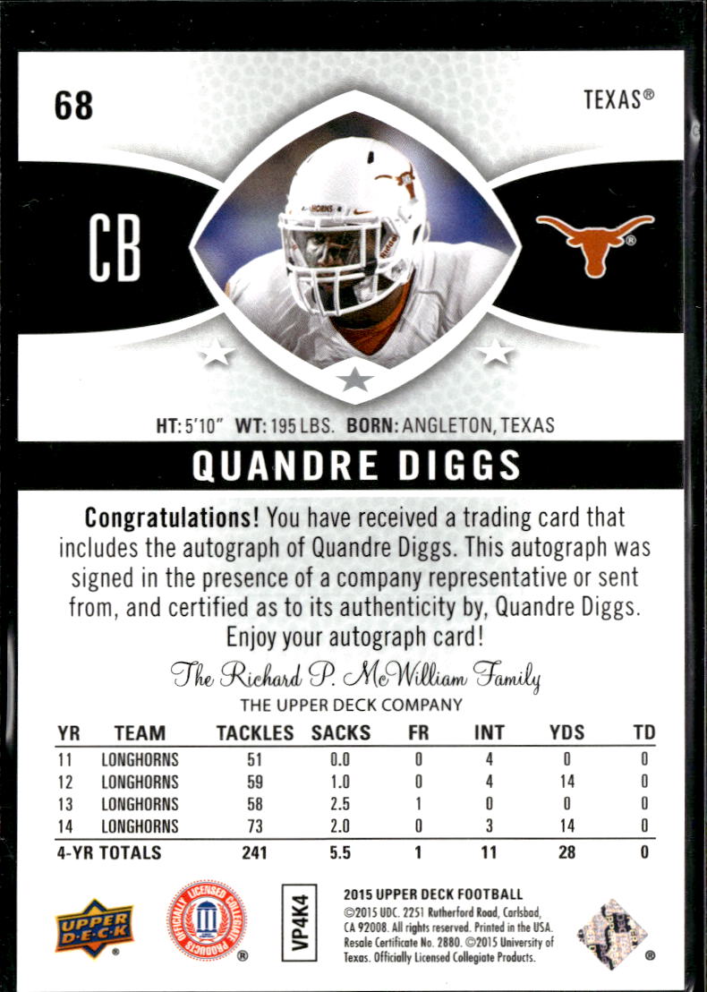 Quandre Diggs 2015 Upper Deck Auto Autograph RC Texas Longhorns