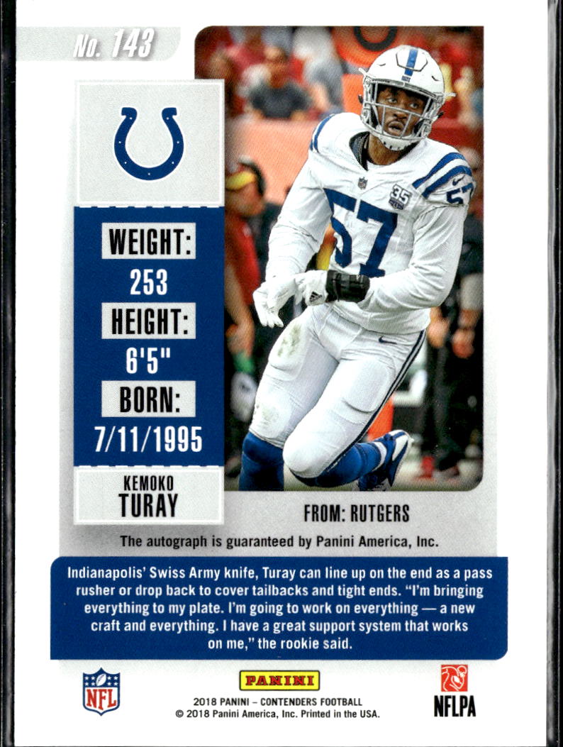 Kemoko Turay 2018 Contenders Championship Auto Autograph RC /49 Colts