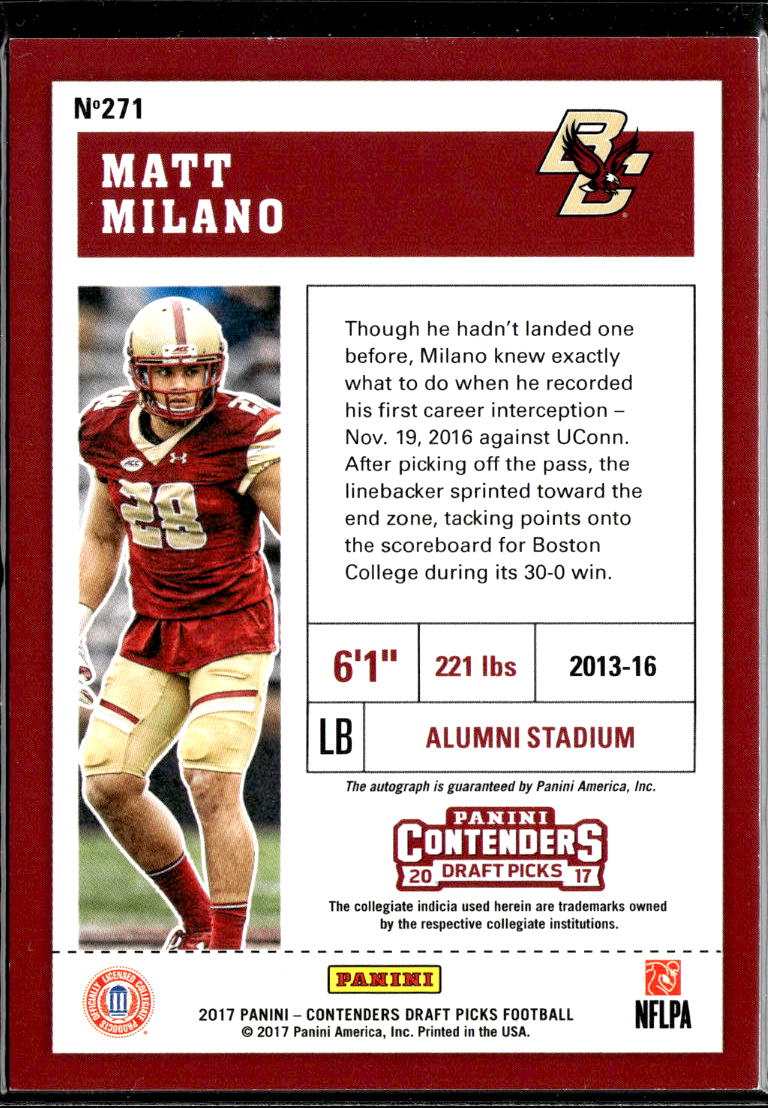 Matt Milano 2017 Contenders Draft BLUE Auto Autograph RC Boston College Bills