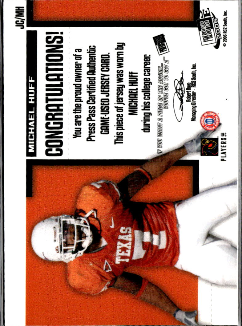 Michael Huff 2006 Press Pass Game Worn Jersey Patch RC Texas Longhorns