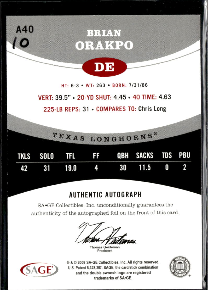 Brian Orakpo 2009 SAGE Auto Autograph Rookie RC Texas Longhorns