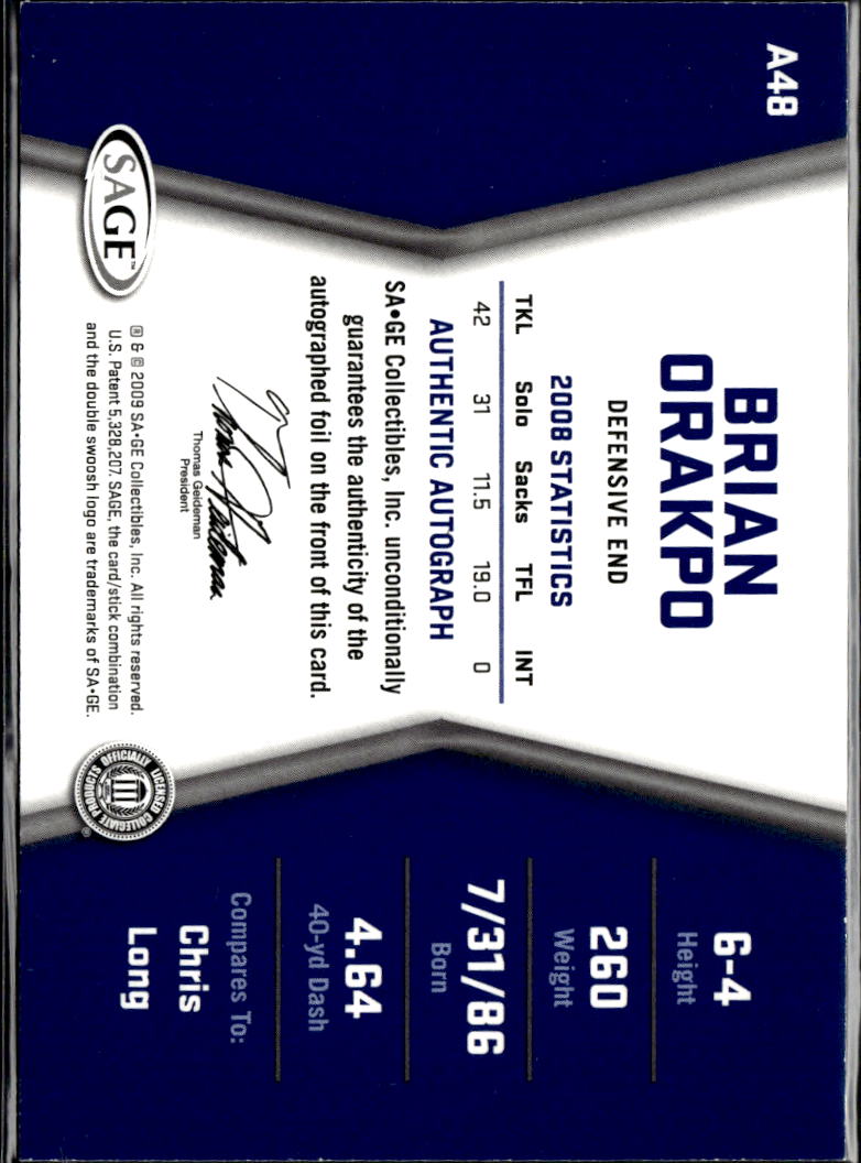 Brian Orakpo 2009 SAGE HIT Auto Autograph RC 117/250 Texas Longhorns