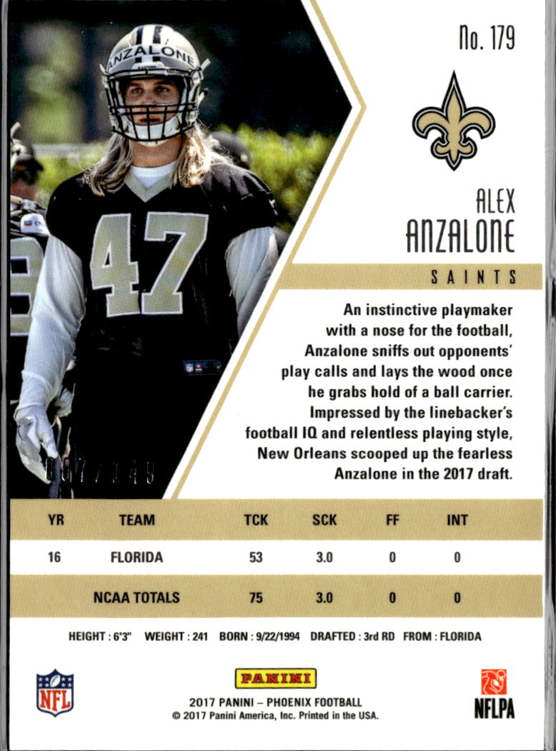 Alex Anzalone 2017 Phoenix Purple RC Rookie 7/149 New Orleans Saints