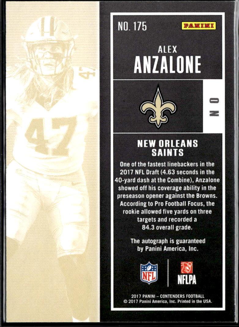 Alex Anzalone 2017 Contenders Auto Autograph RC Lions New Orleans Saints