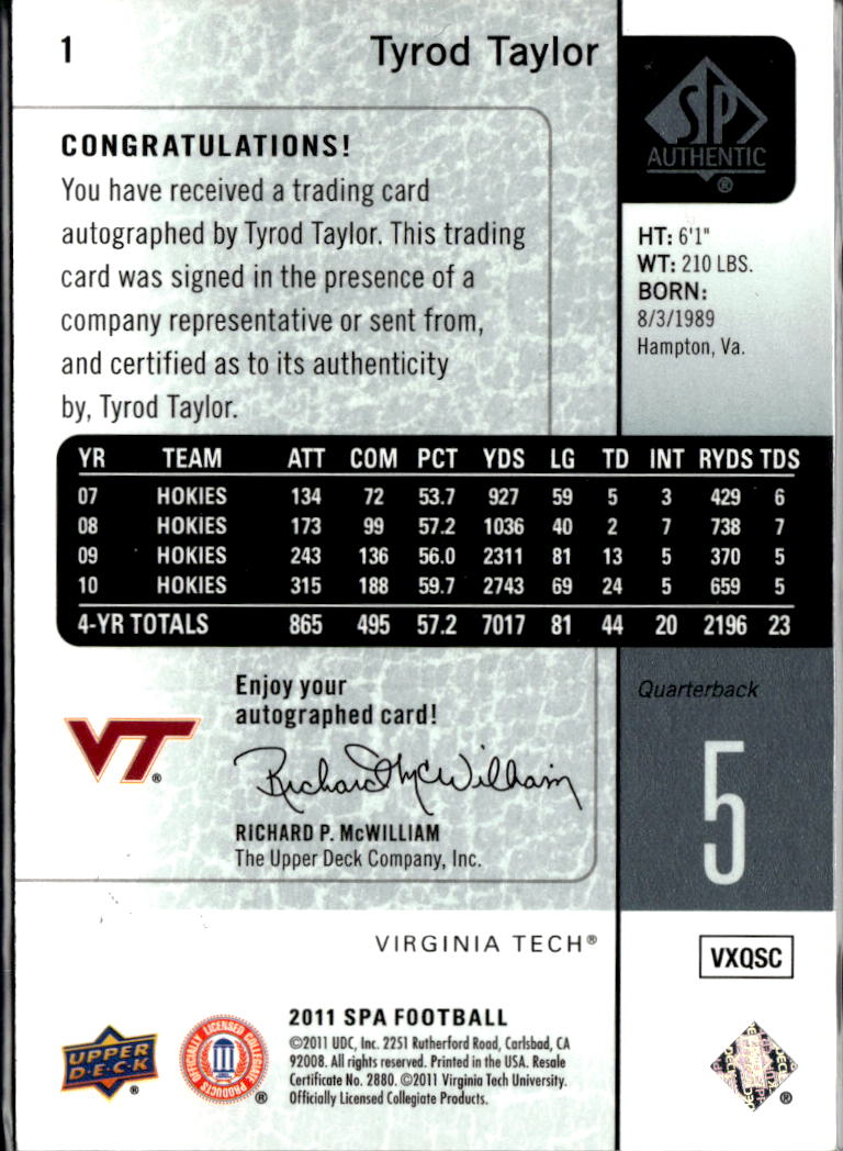 Tyrod Taylor 2011 Upper Deck SP Authentic Auto Autograph Virginia Tech Ravens