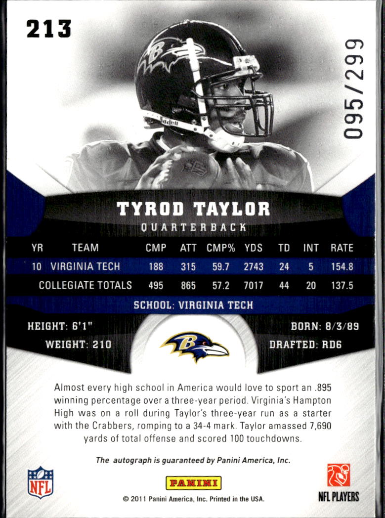 Tyrod Taylor 2011 Gridiron Gear Auto Autograph RC 95/299 Baltimore Ravens