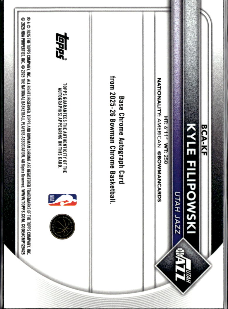 Kyle Filipowski 2025 Bowman Chrome Auto Autograph 72/299 Utah Jazz