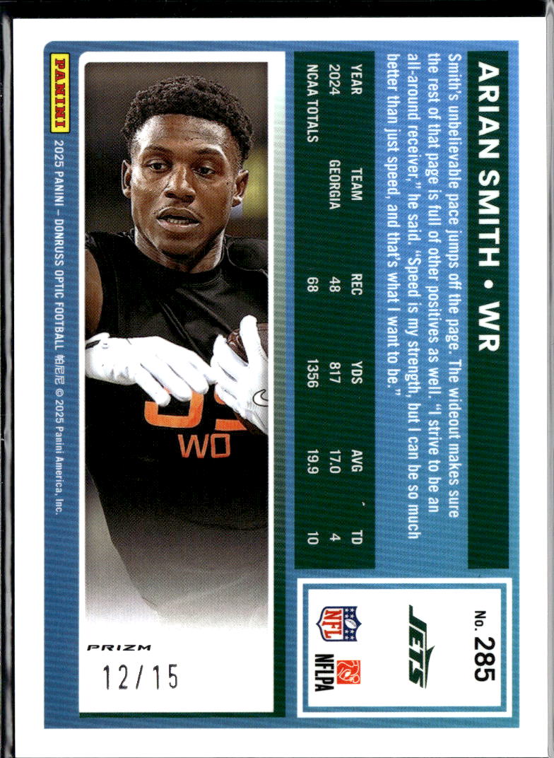 Arian Smith 2025 Optic Rated Rookie Blue Ice RC 12/15 New York Jets