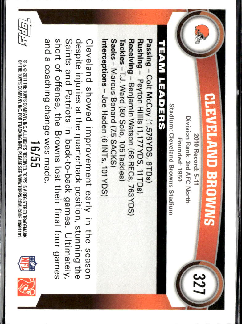 Cleveland Browns 2011 Topps Team Card BLACK Peyton Hillis Colt Mccoy 16/55 #327