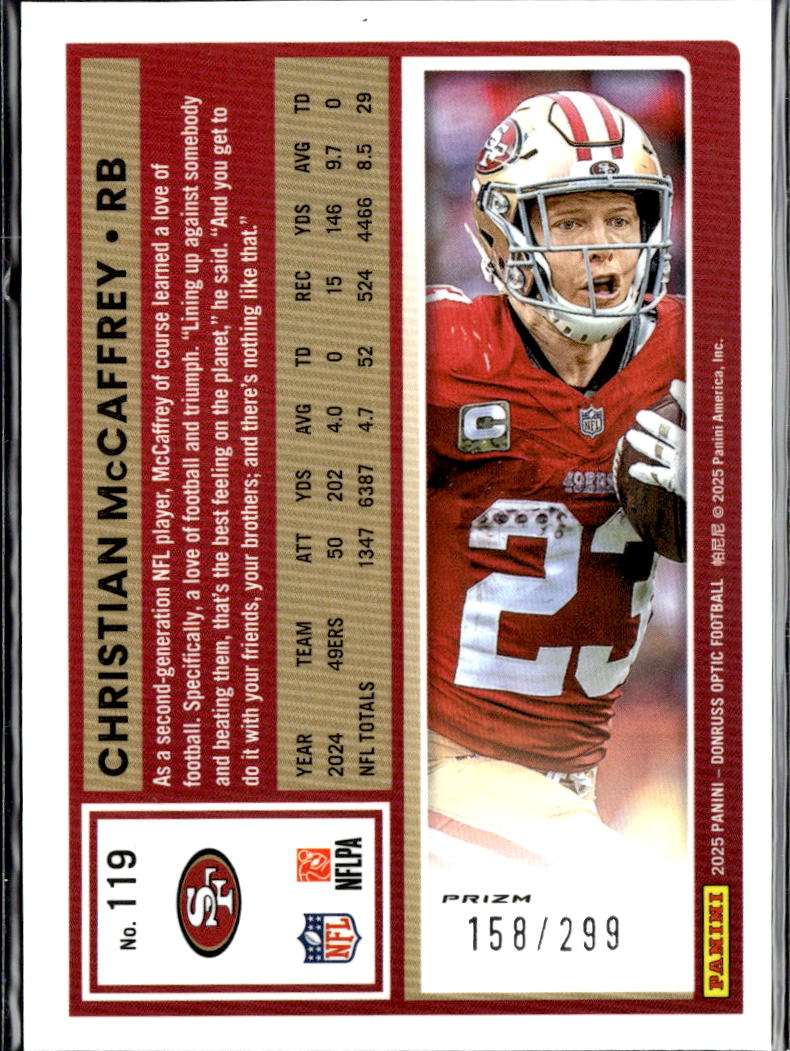 Christian McCaffrey 2025 Optic Orange Prizm 158/299 San Francisco 49ers