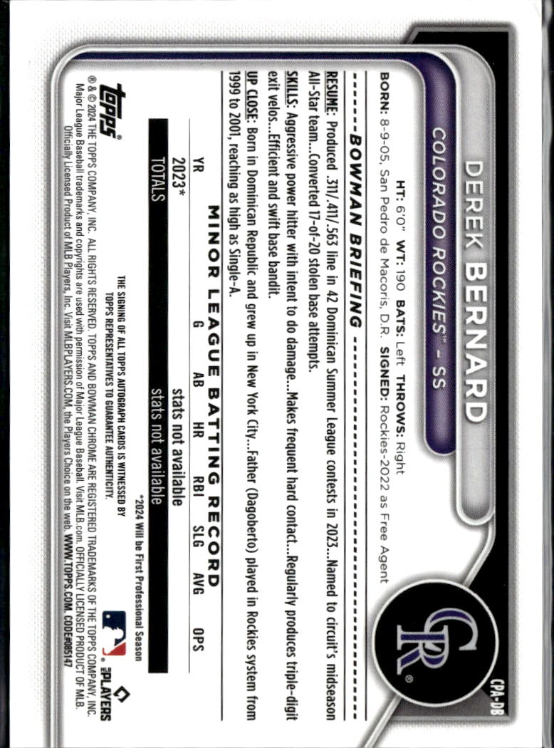 Derek Bernard 2024 Bowman Chrome 1st Auto Autograph RC 32/99 Colorado Rockies