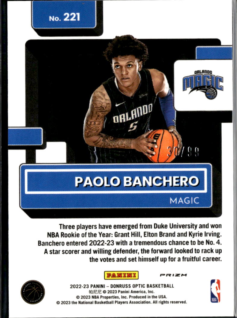 Paolo Banchero 2022-23 Optic Rated Rookie Red Yellow RC 30/99 Orlando Magic