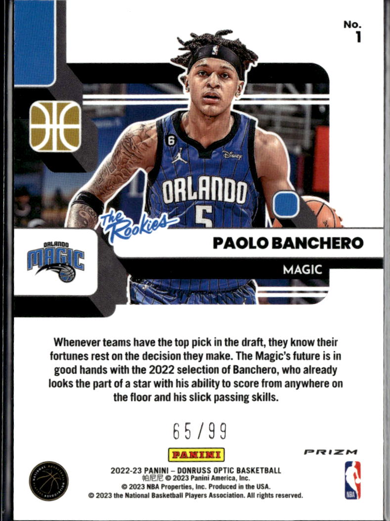 Paolo Banchero 2022-23 Optic The Rookies Red Gold RC 65/99 Orlando Magic