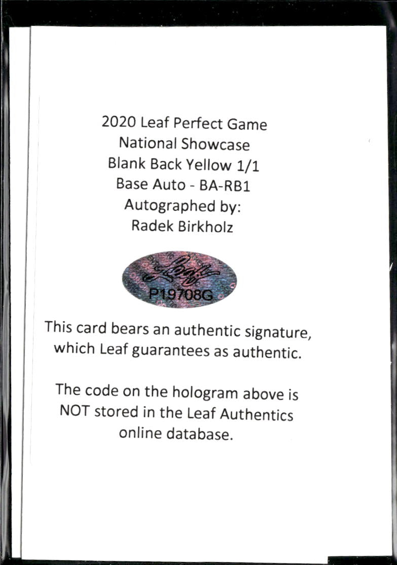 Radek Birkholz 2020 Leaf Perfect Game Auto Autograph RC Notre Dame 1/1