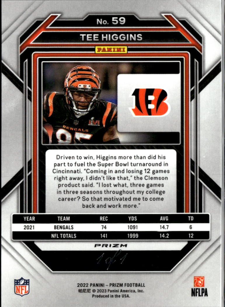 Tee Higgins 2022 Prizm Black Finite Prizm 1/1 #59 Cincinnati Bengals