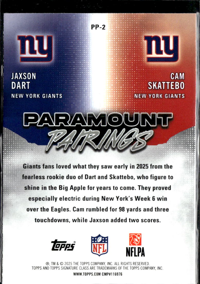 Jaxson Dart / Cam Skattebo 2025 Topps Composite Paramount Pairings RC Giants