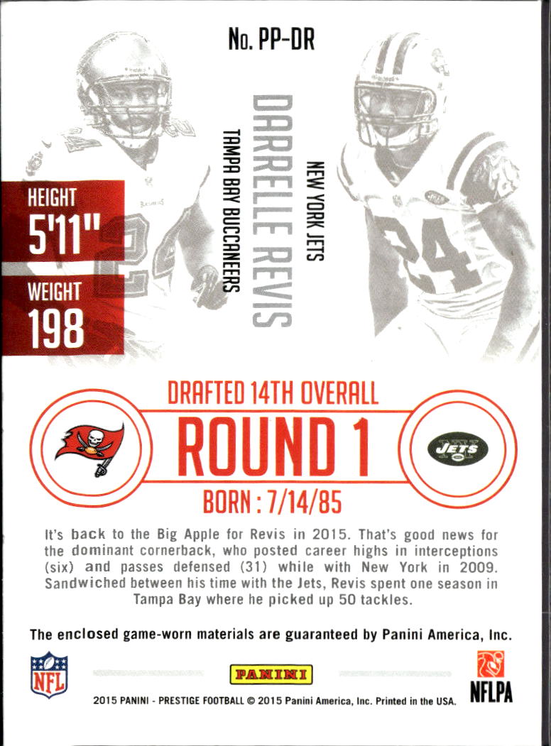 Darrelle Revis 2015 Prestige Past Present Game Worn Patch /149 Buccaneers Jets