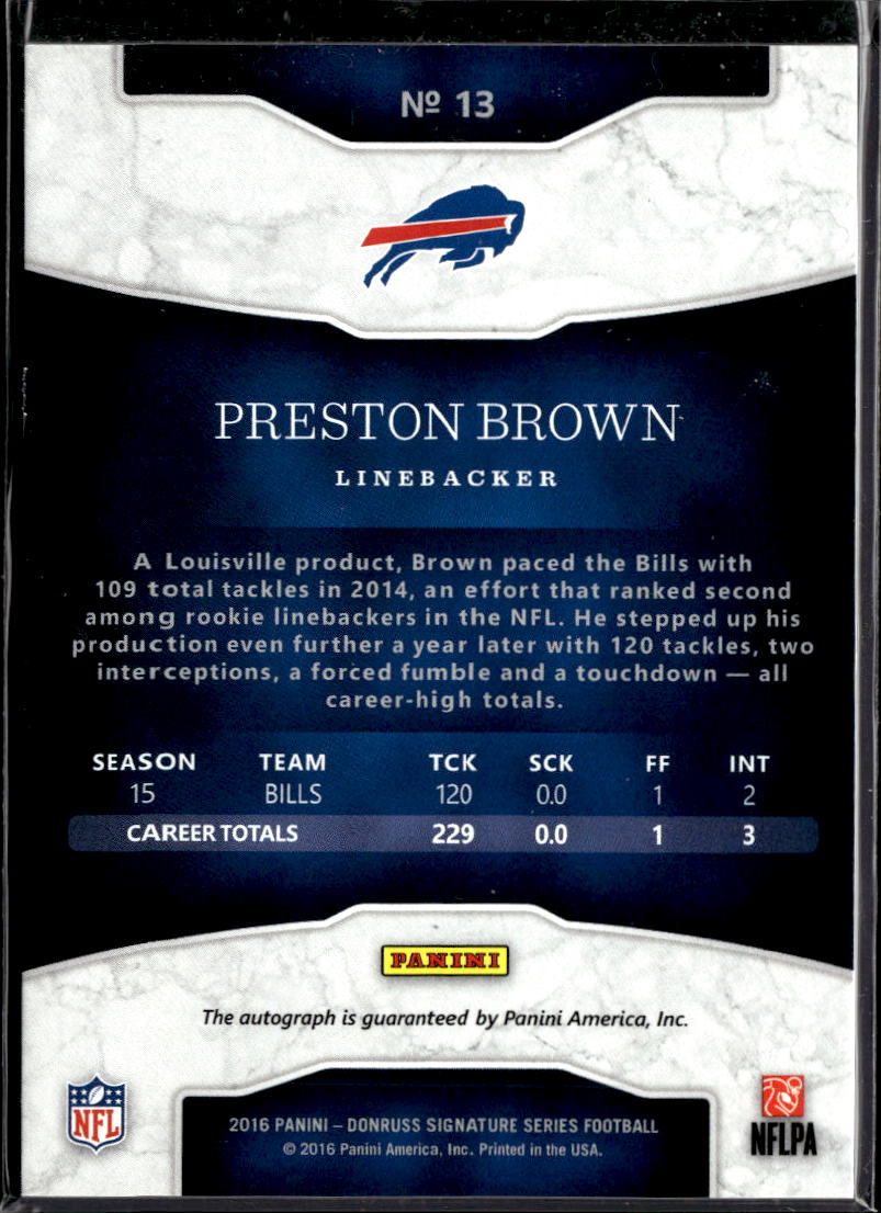 Preston Brown 2016 Panini Donruss Signature Series Auto Autograph Buffalo Bills
