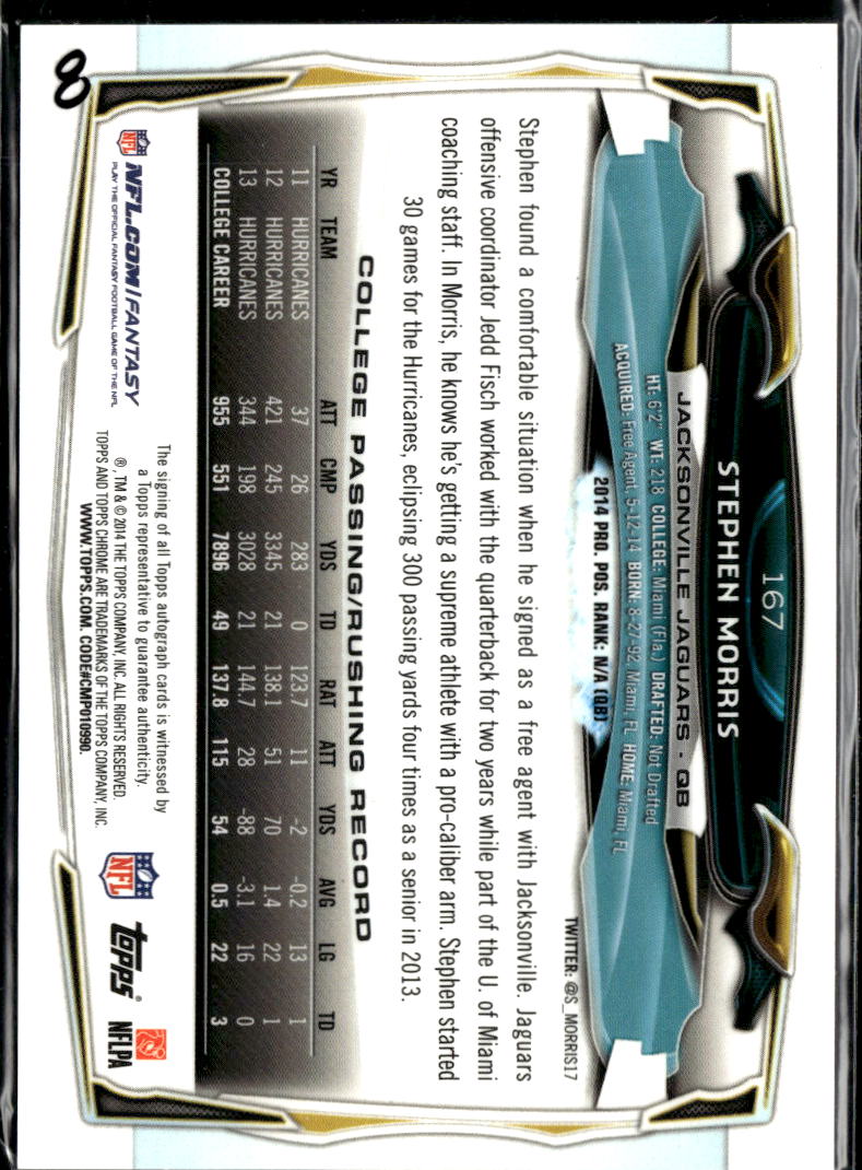 Stephen Morris 2014 Topps Chrome RC Auto Autograph Jacksonville Jaguars