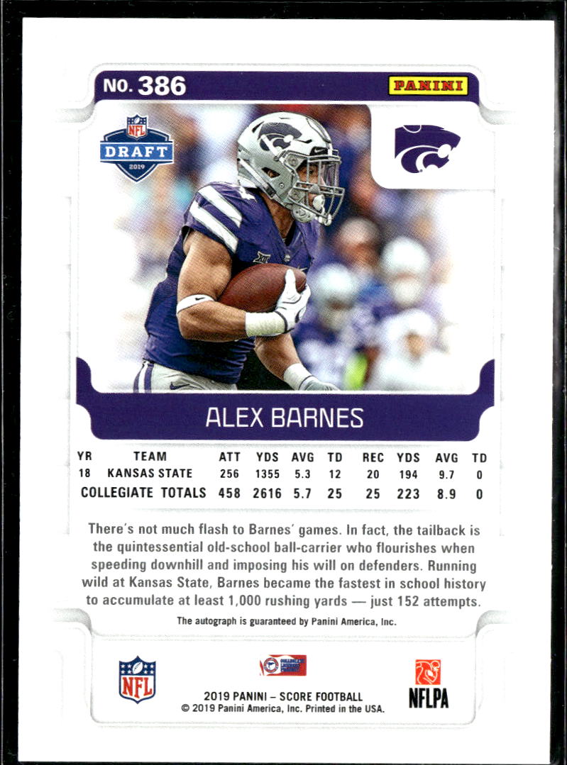 Alex Barnes 2019 Score Auto Autograph RC Kansas State Wildcats