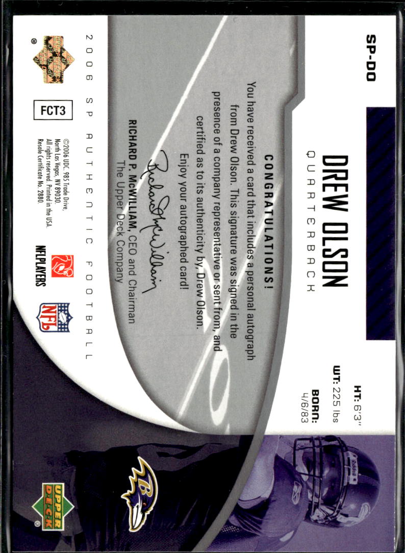 Drew Olson 2006 SP Authentic Auto Autograph RC Baltimore Ravens