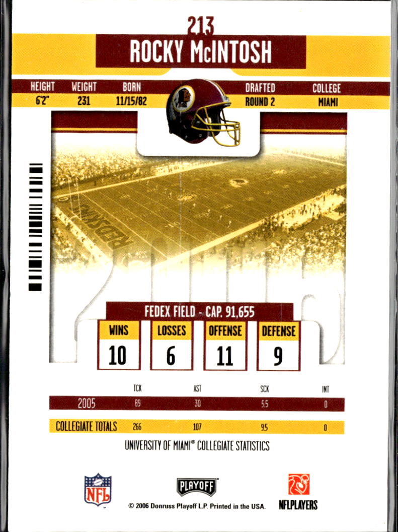 Rocky McIntosh 2006 Playoff Contenders Auto Autograph RC Washington Redskins