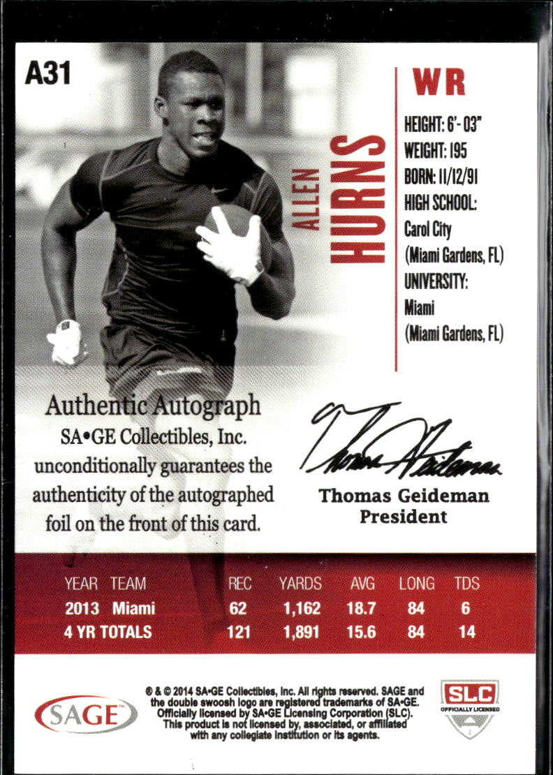 Allen Hurns 2014 SAGE HIT Auto Autograph RC Miami Hurricanes