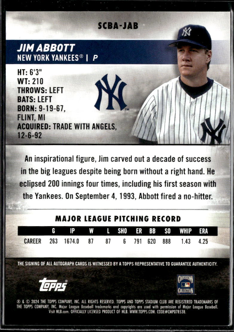 Jim Abbott 2024 Topps Stadium Club Auto Autograph New York Yankees
