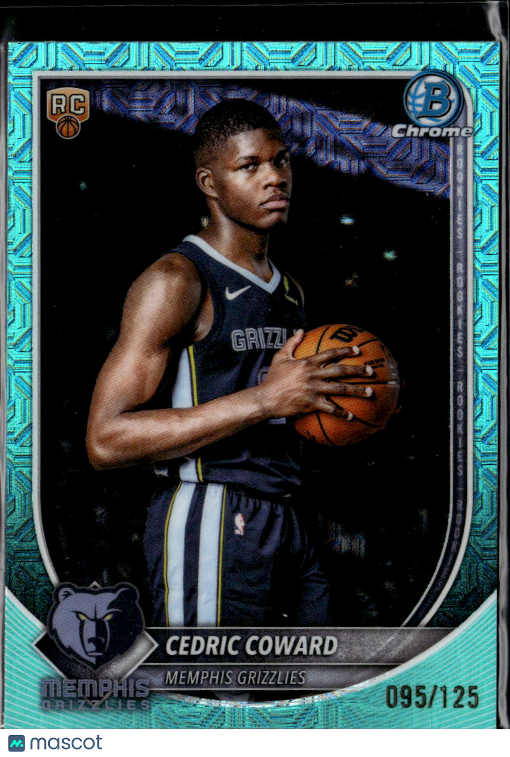 Cedric Coward 2025 Bowman Chrome Aqua Mojo Refractor RC /125 Memphis Grizzlies