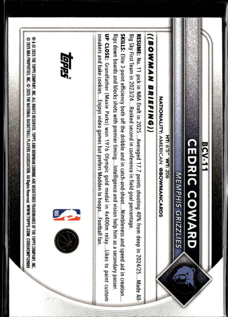 Cedric Coward 2025 Bowman Chrome Aqua Mojo Refractor RC /125 Memphis Grizzlies