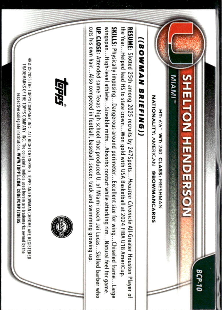 Shelton Henderson 2025 Bowman Chrome 1st Purple RC /299 Miami Hurricanes