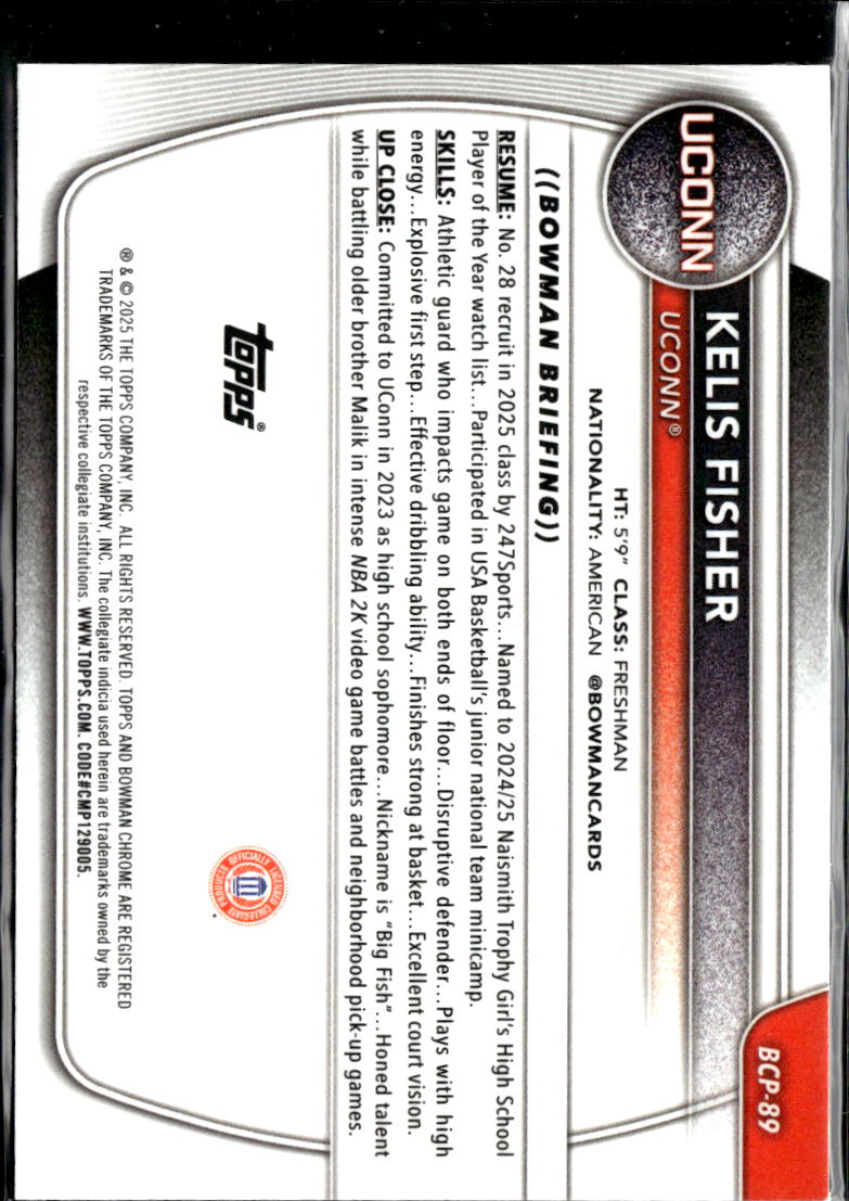 Kelis Fisher 2025 Bowman Chrome 1st Purple Refractor /299 UConn Huskies