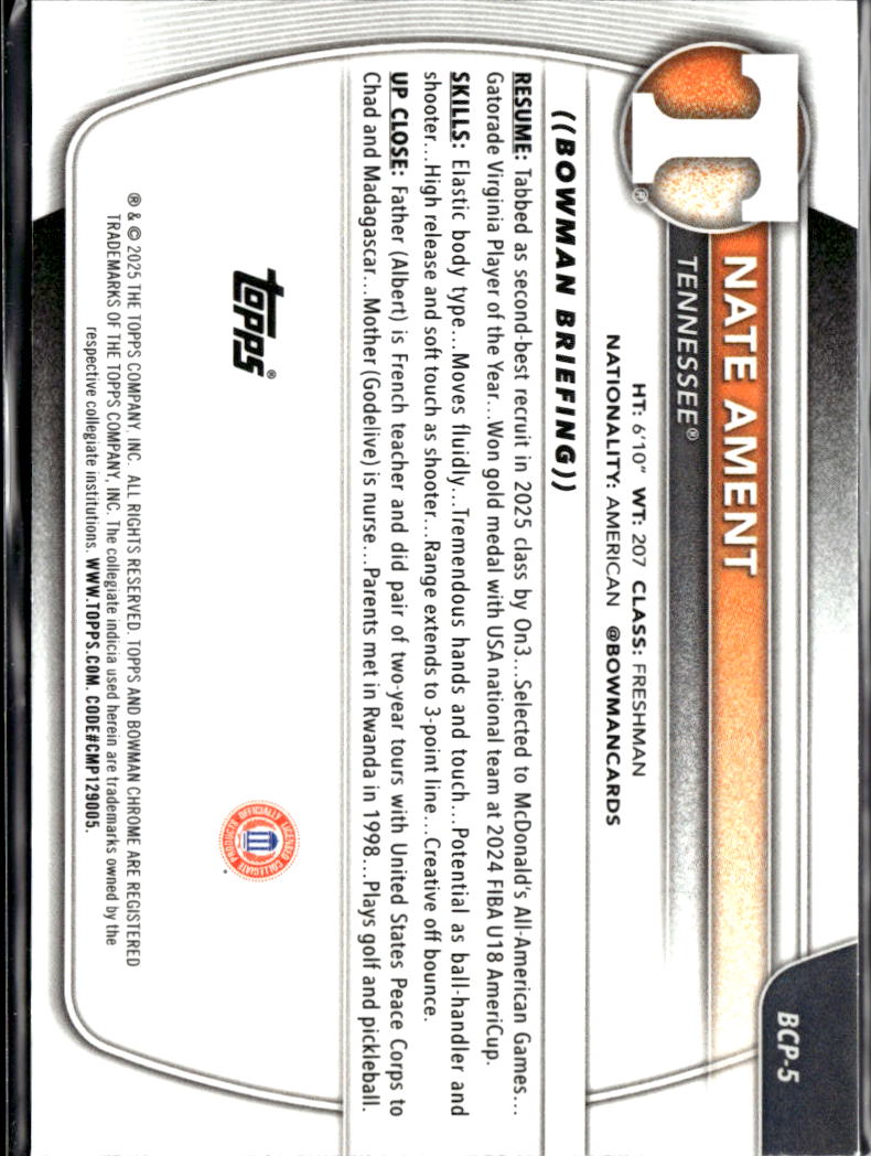 Nate Ament 2025 Bowman Chrome 1st Speckle Refractor /299 Tennessee Volunteers